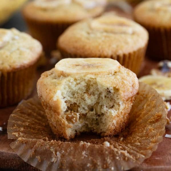 Banana Crunch Muffin with a bite taken from it.