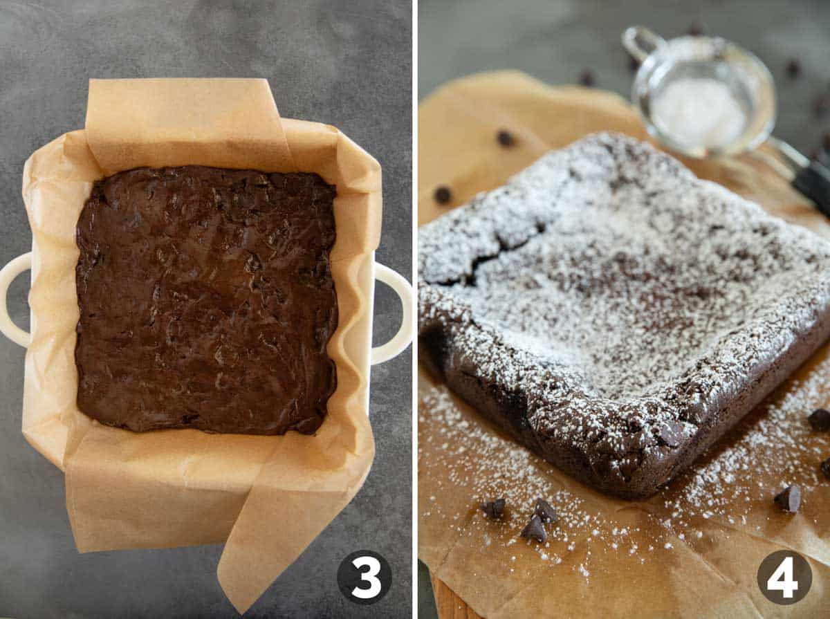 Cake mix brownie batter in a baking dish, and sprinkling powdered sugar on top of finished brownies.