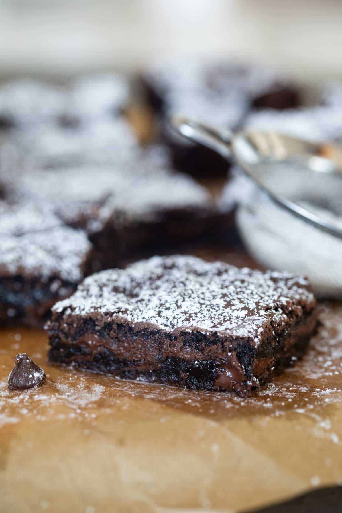 Cake Mix Brownie topped with powdered sugar.