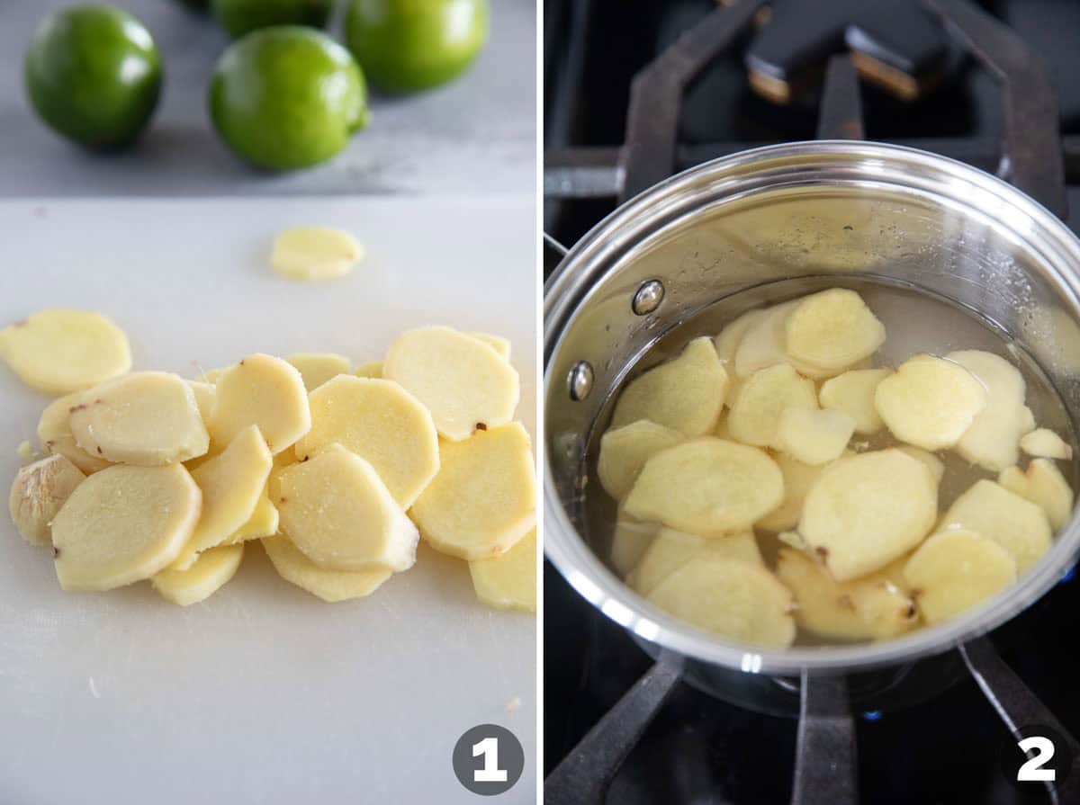 Cutting ginger into coins and making ginger simple syrup.