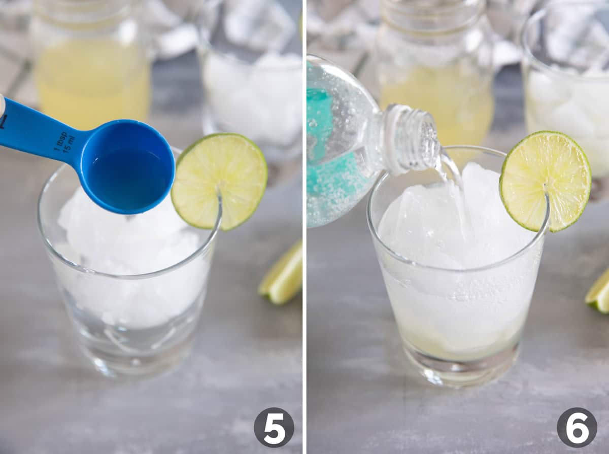 Adding ginger limeade syrup and sparkling water to a cup.