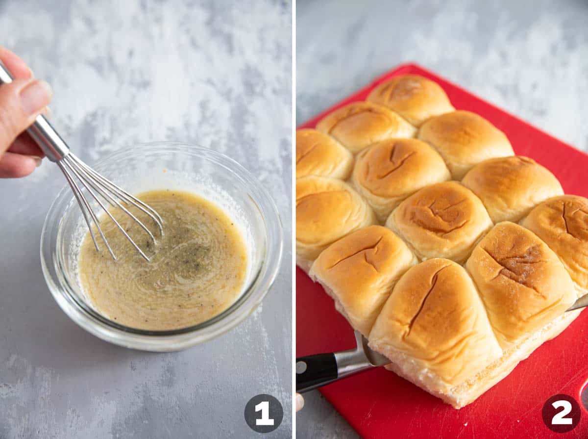 Mixing butter mixture and cutting rolls in half for Ham and Cheese Sliders.