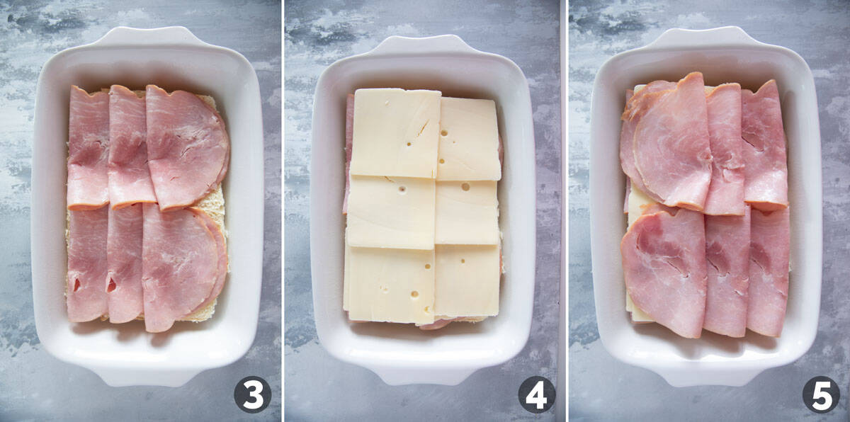 Layering ham and cheese for sliders.