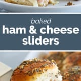 Ham and Cheese Sliders collage with text bar in the middle.