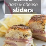 Baked Ham and Cheese Sliders with text overlay.