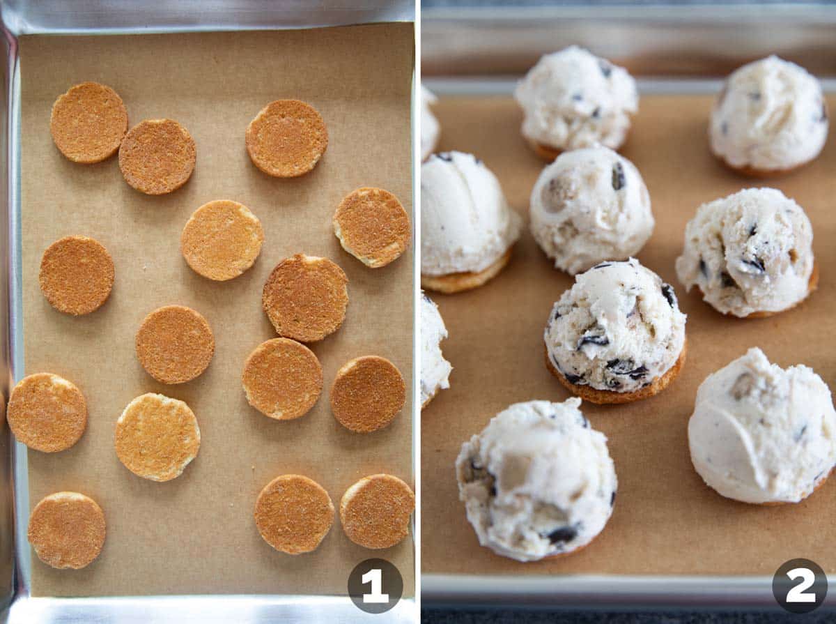 Laying out cookies and adding ice cream to the tops of the cookies to make ice cream bonbons.