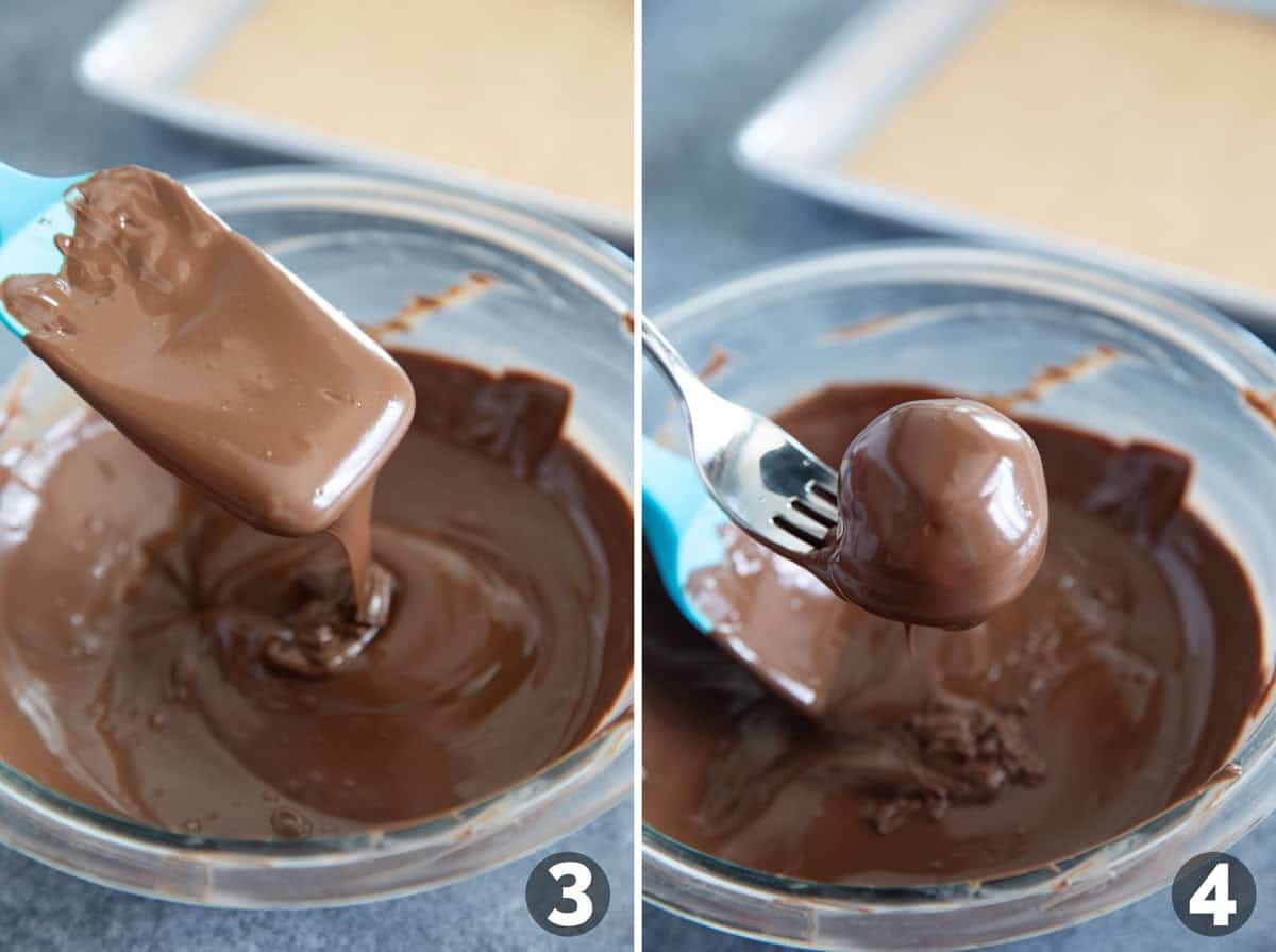 Dipping ice cream bonbons in chocolate.