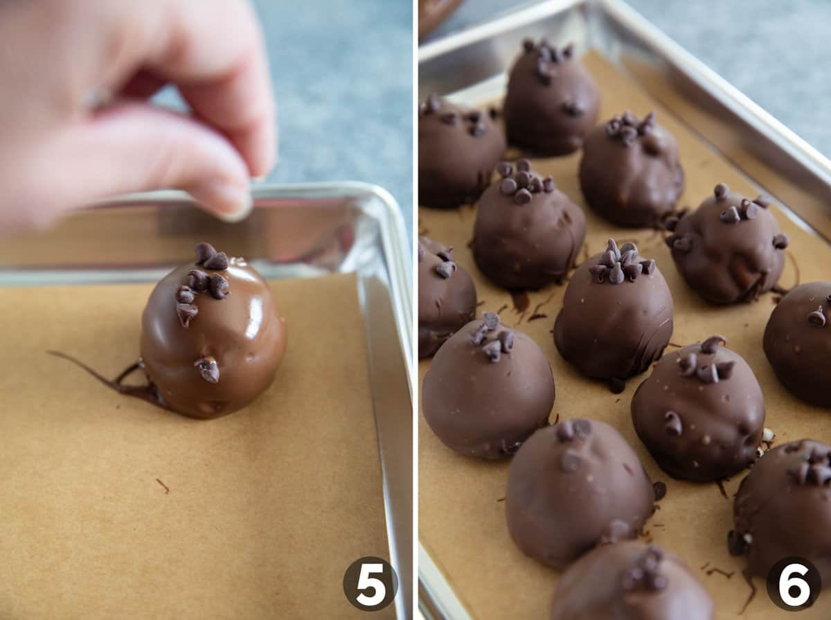 Adding chocolate chips to the tops of ice cream bonbons.