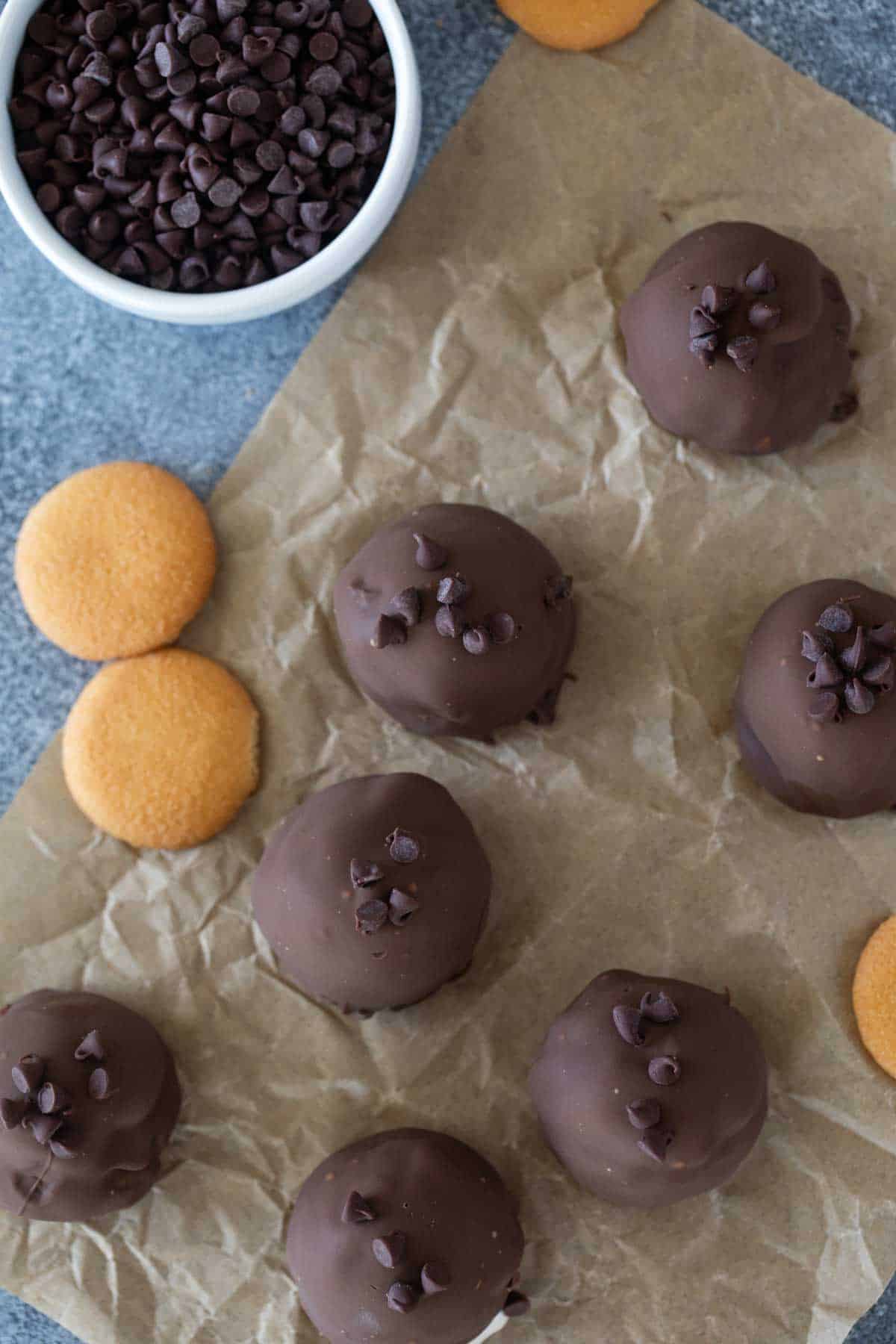 Ice cream bonbons made with wafer cookies, ice cream, and chocolate.