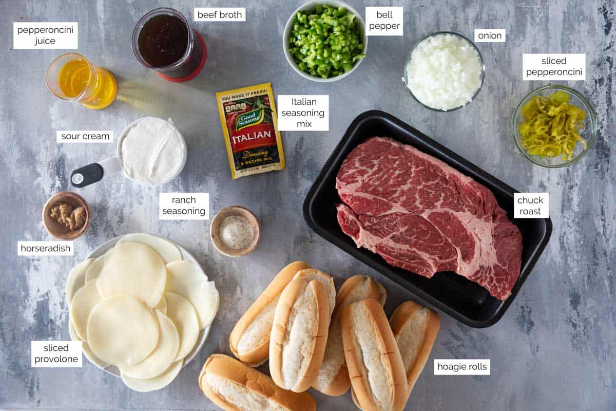 Ingredients for Italian Beef Sandwiches.