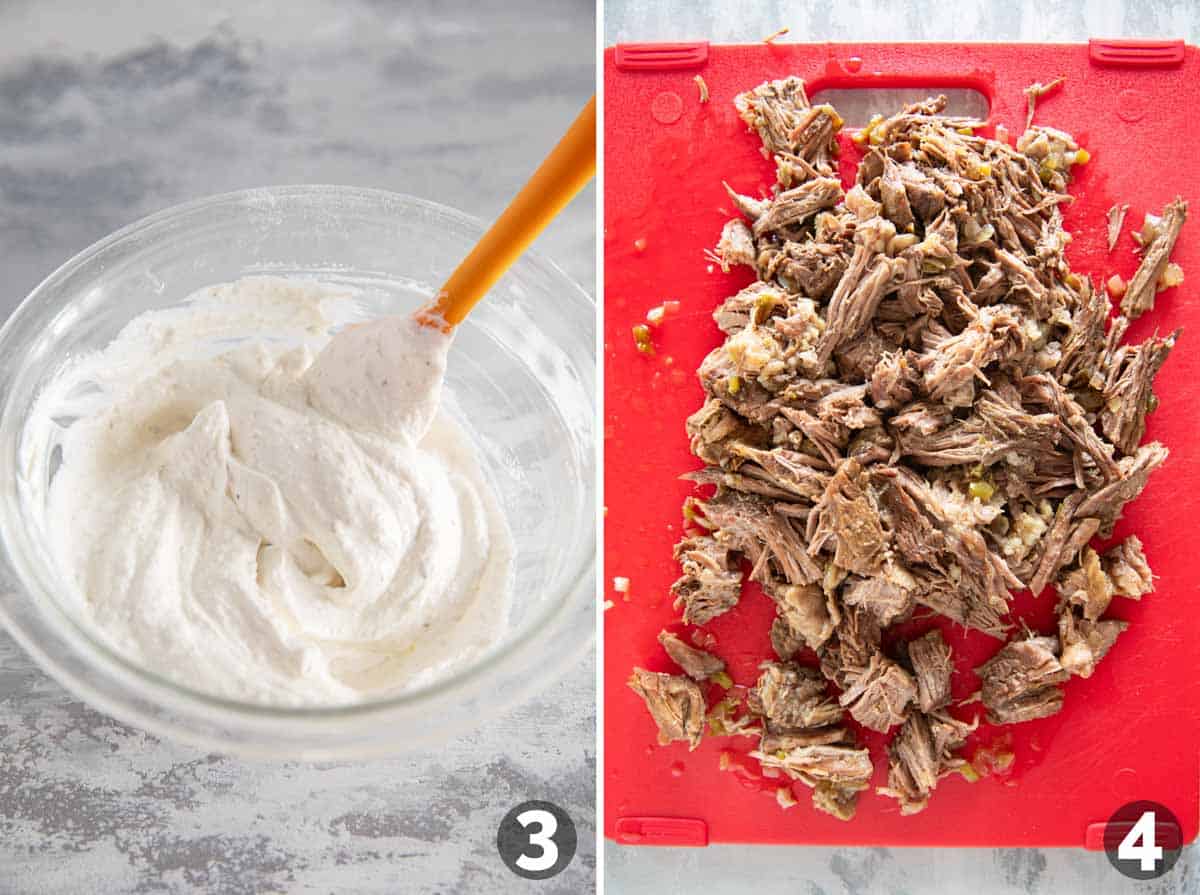 Mixing together ranch horseradish sauce and shredding beef.