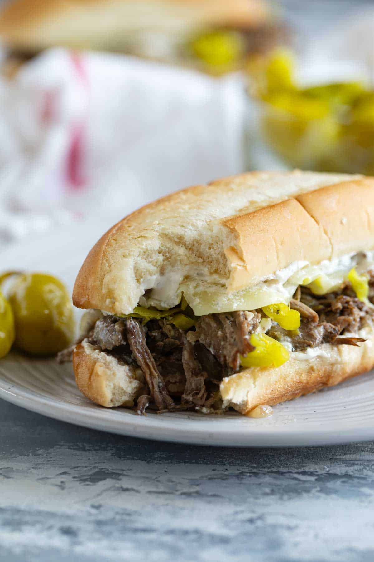 Italian Beef Sandwich with a bite taken from it.