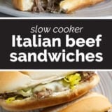 Italian Beef Sandwiches collage with text bar in the middle.