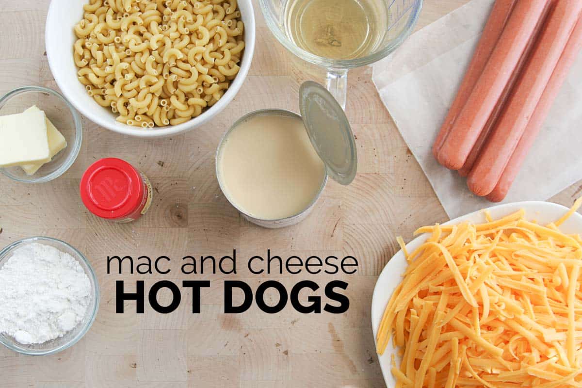 Ingredients to make Mac and Cheese Hot Dogs.