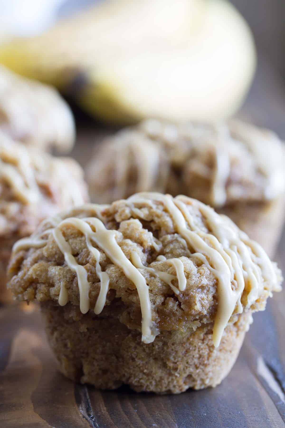 Peanut Butter Banana Bran Muffin with peanut butter glaze on top.