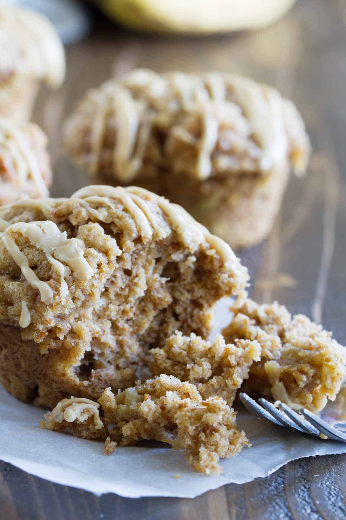 Peanut Butter Banana Bran Muffin with a bite taken from it.