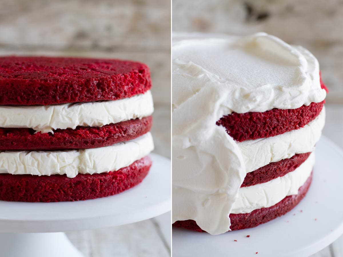 Layering layers of red velvet cake and cheesecake ice cream to make an ice cream cake.