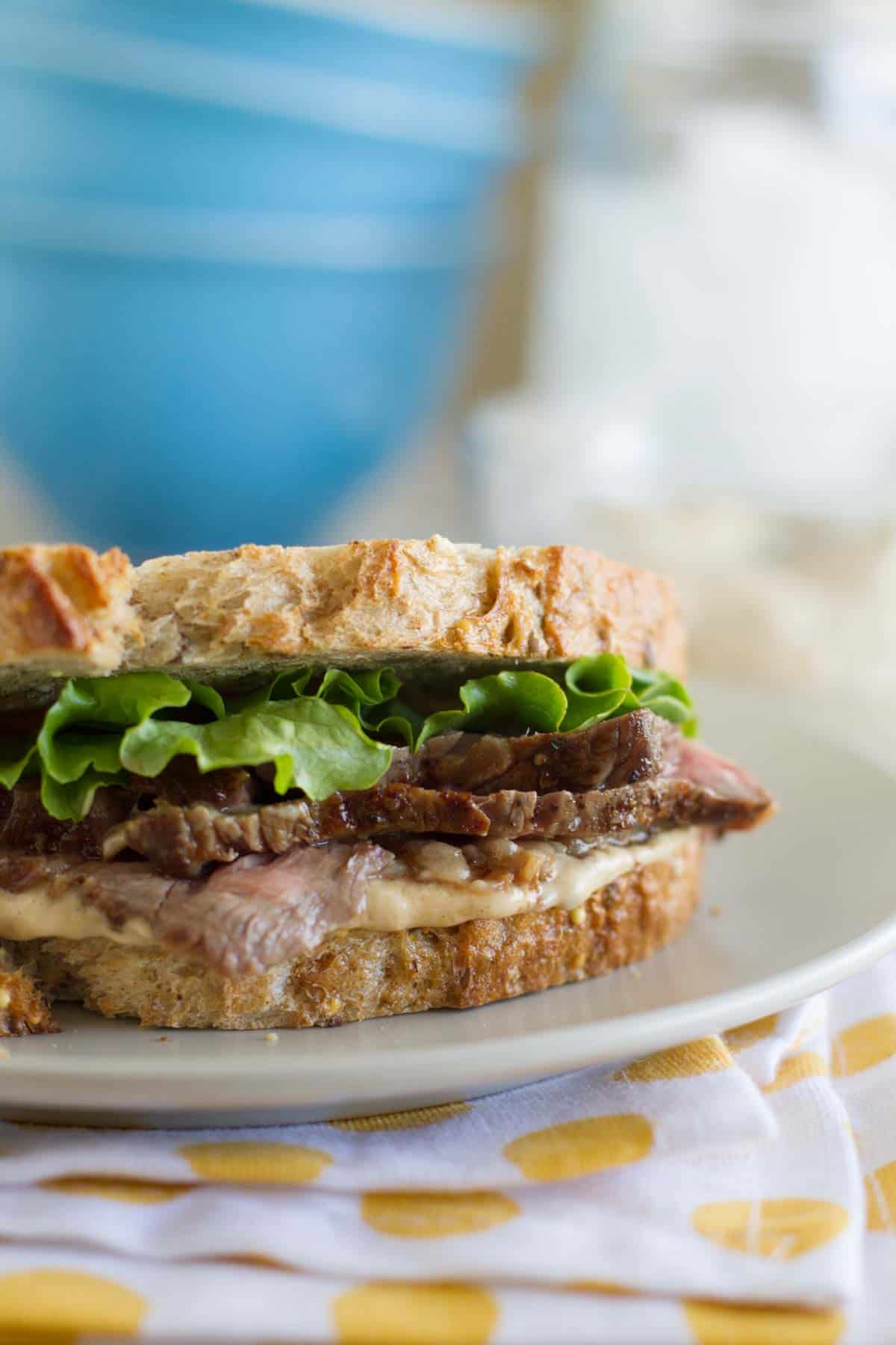 Steak Sandwich with Worcestershire Mayonnaise on whole grain bread.