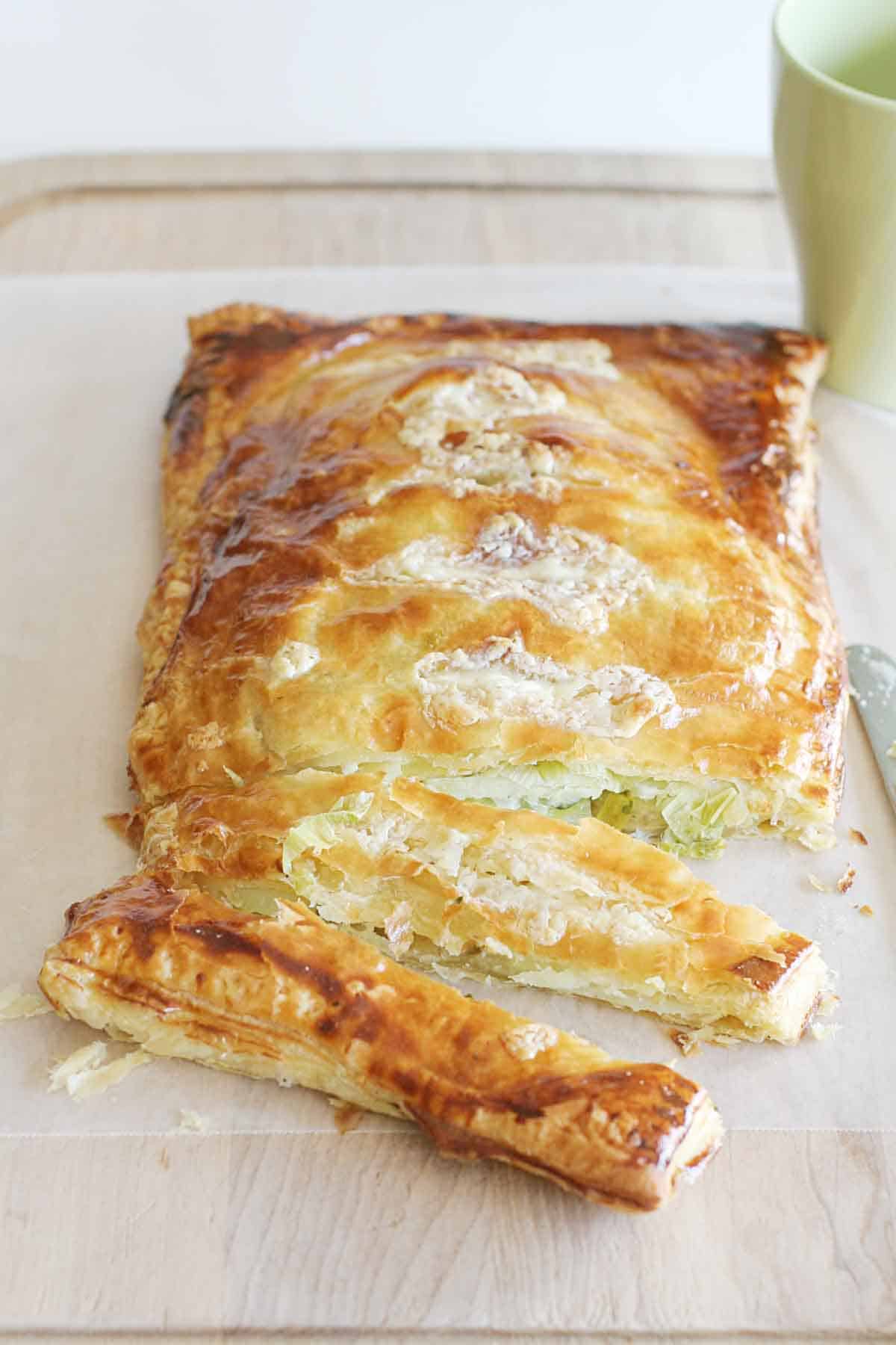 Puff Pastry Potato Pie cut into slices.