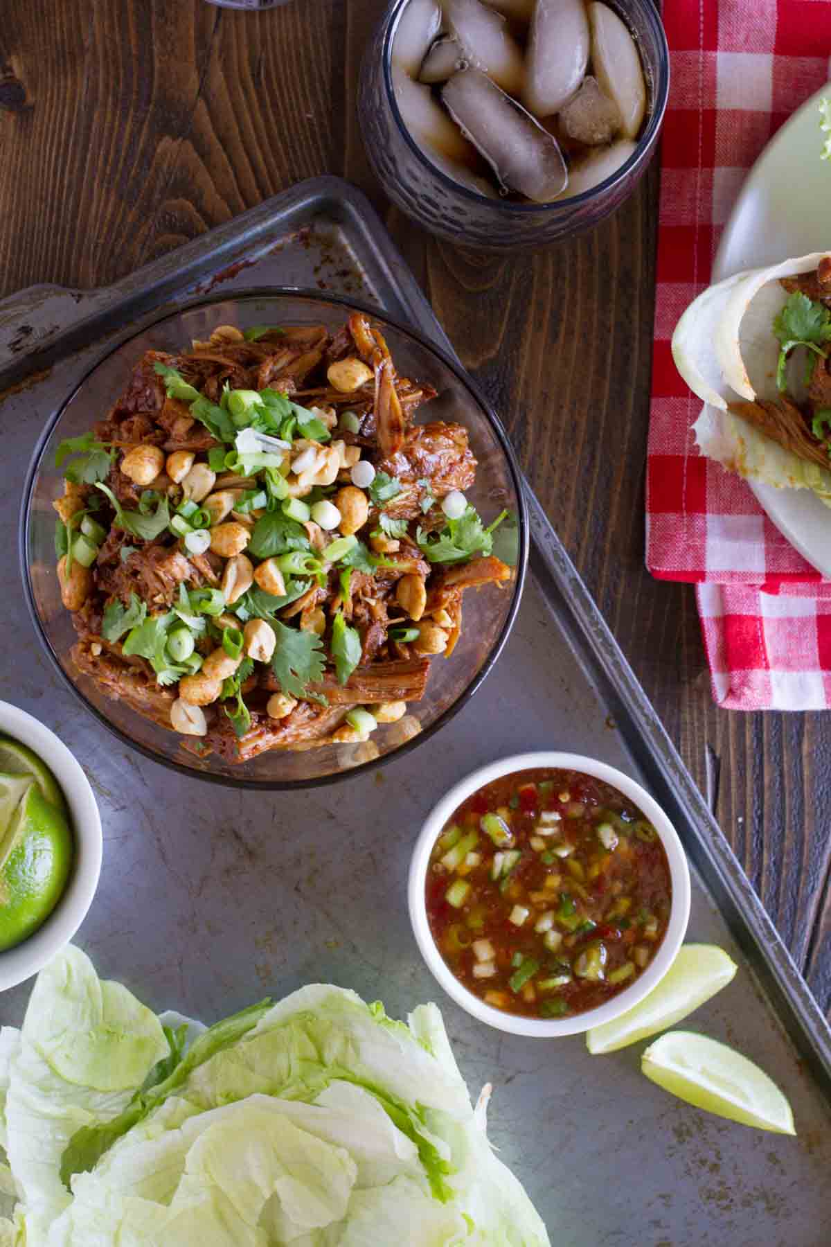 BBQ pork, lettuce leaves, and sauce for BBQ Pork Lettuce Wraps.