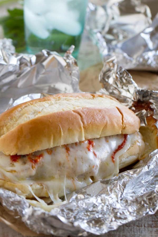 Baked Chicken Parmesan Sandwiches baked in a foil packet.