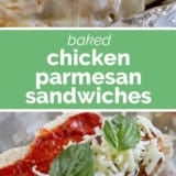 Baked Chicken Parmesan Sandwiches collage with text bar in the middle.