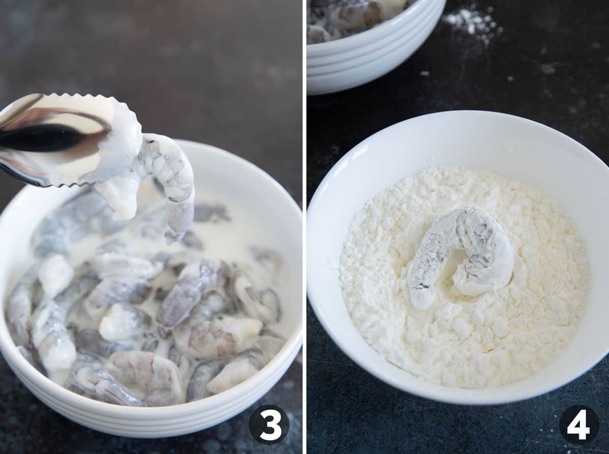 Coating shrimp in buttermilk, then in cornstarch.