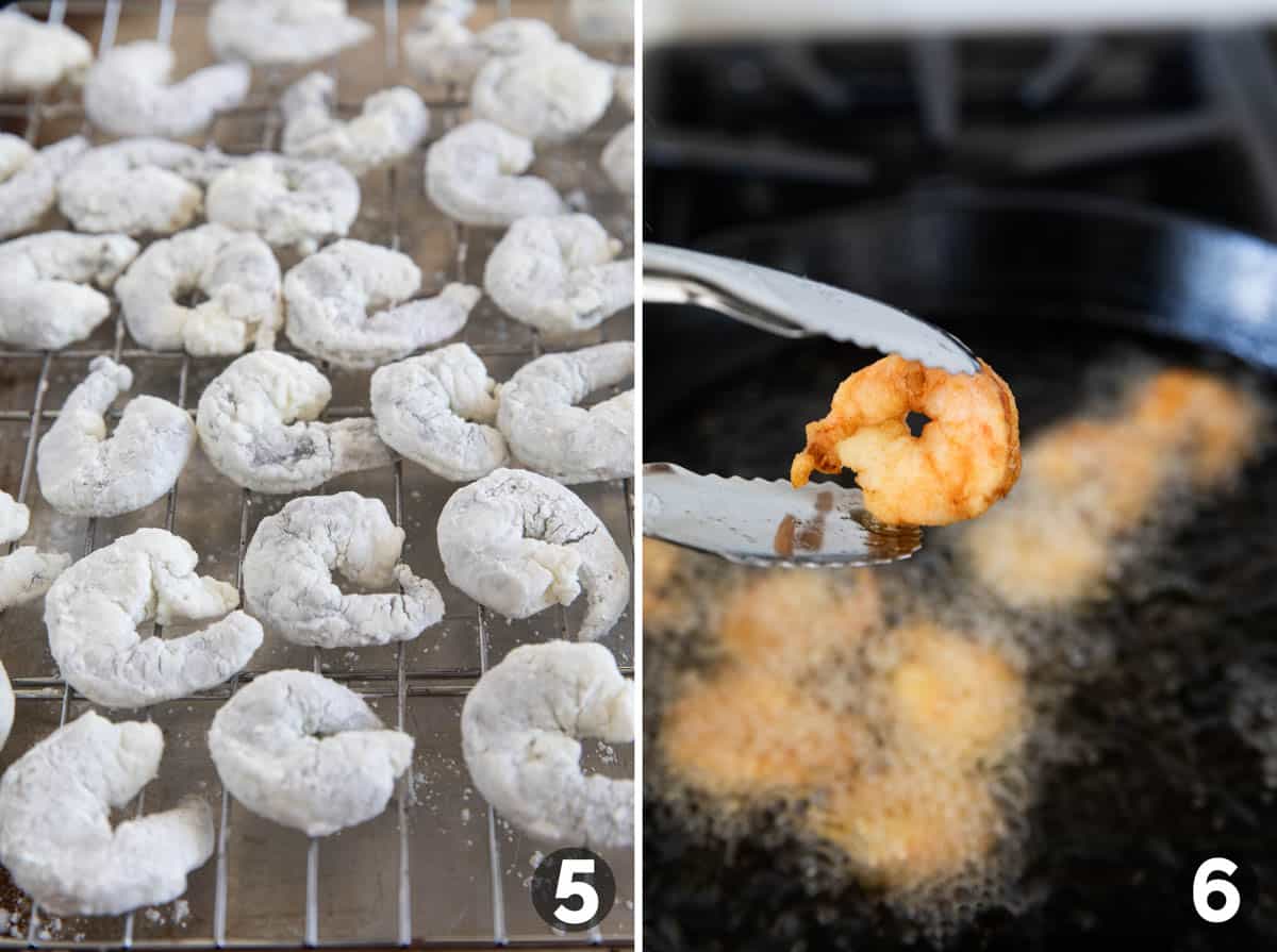 Coating shrimp in cornstarch and then frying.