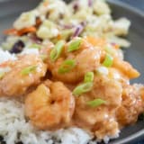 Bang Bang Shrimp (Firecracker Shrimp) served over rice with Asian slaw.