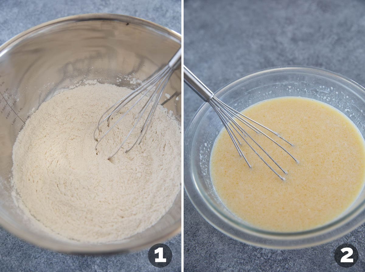 Mixing ingredients together for Belgian waffles.