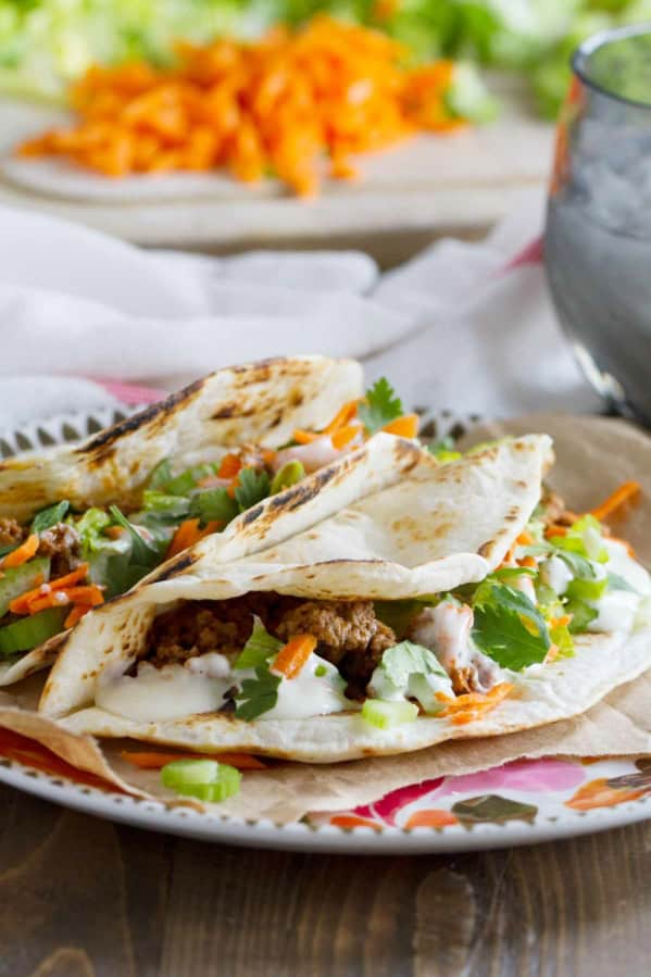 Buffalo Beef Taco Recipe made with flour tortillas and ground beef.