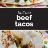 Buffalo Beef Taco Recipe collage with text bar in the middle.