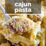 Cheesy Baked Cajun Pasta with text overlay.