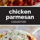 Chicken Parmesan Casserole collage with text bar in the middle.