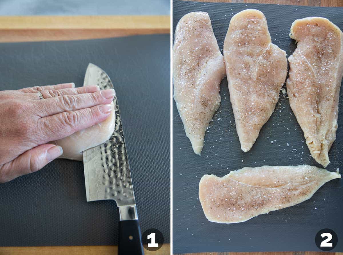 Cutting chicken breasts in half to make thinner pieces of chicken.