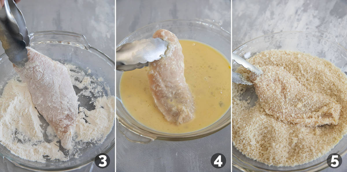 Dipping pieces of chicken in flour, milk and eggs, and panko breadcrumbs.