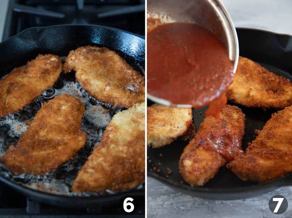 Frying chicken in a cast iron skillet, then topping with tomato sauce.