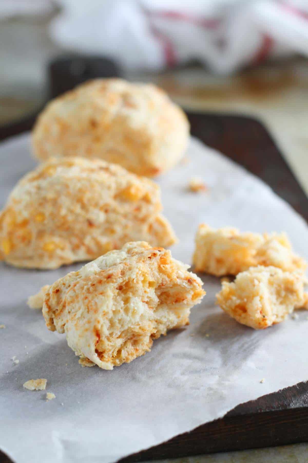 Chipotle Cheddar Scone broken in half to show interior texture.