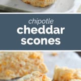 Chipotle Cheddar Scones collage with text bar in the middle.