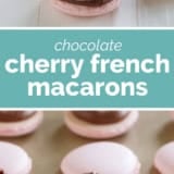 Chocolate Cherry French Macarons collage with text bar in the middle.