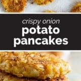 Crispy Onion Potato Pancakes collage with text bar in the middle.