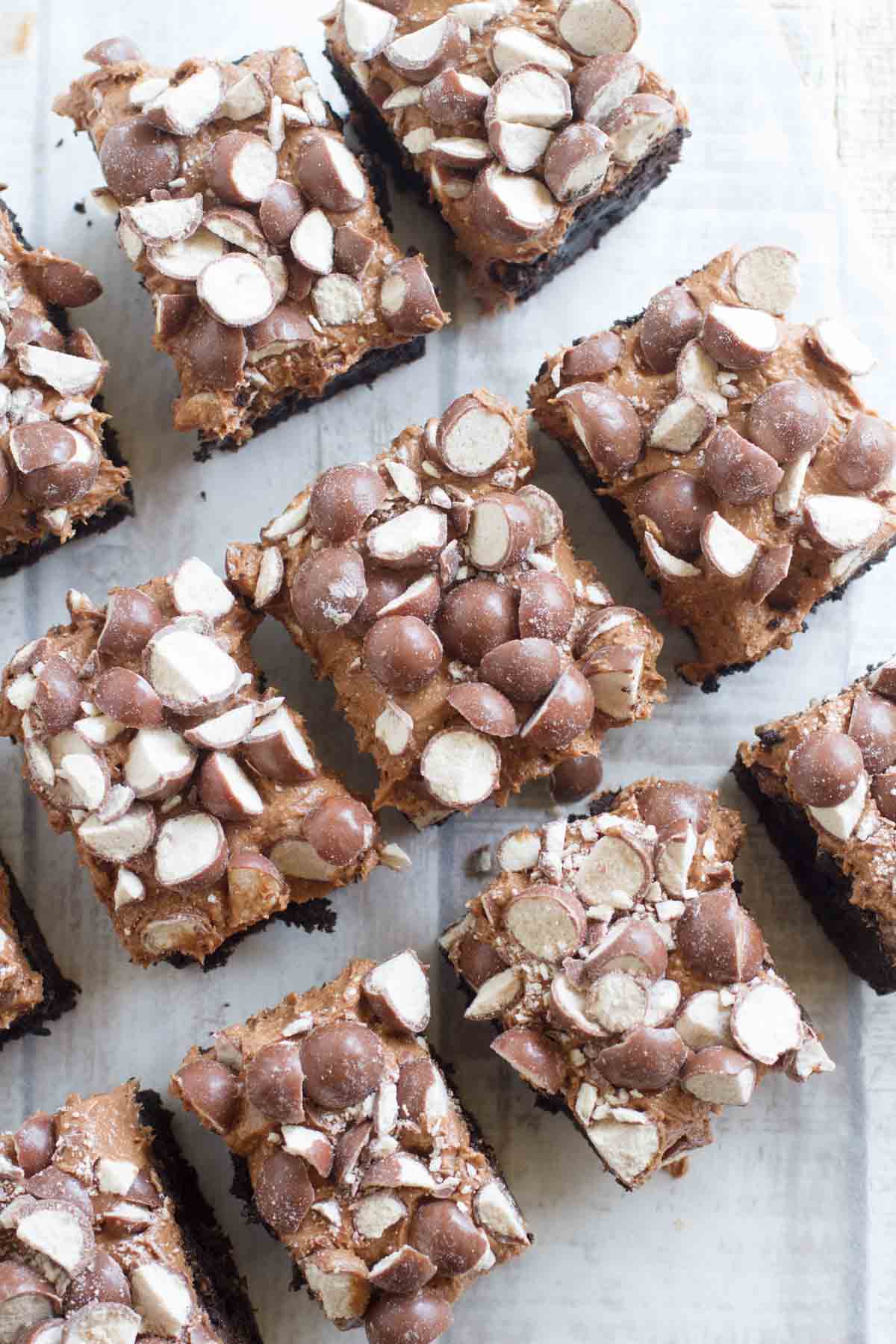 Double malt brownies topped with chopped malted milk balls.