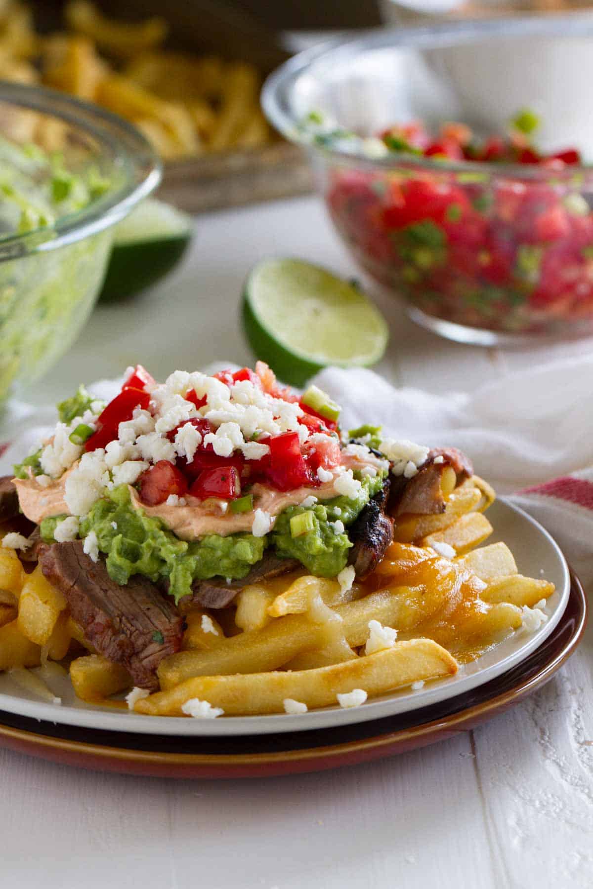 Plate filled with Enchilada Steak Fries - French fries topped with cheese, guacamole, pico de Gallo, and enchilada marinated steak.