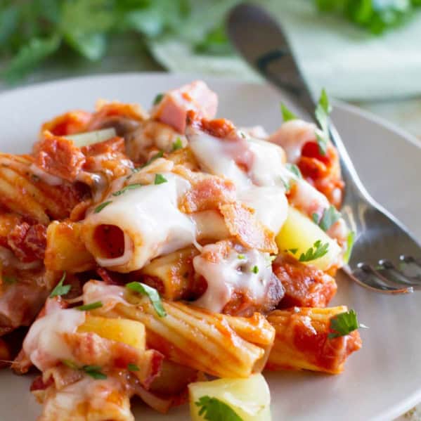 Serving of Hawaiian One Pan Pasta on a plate.