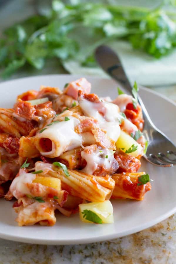 Serving of Hawaiian One Pan Pasta on a plate.