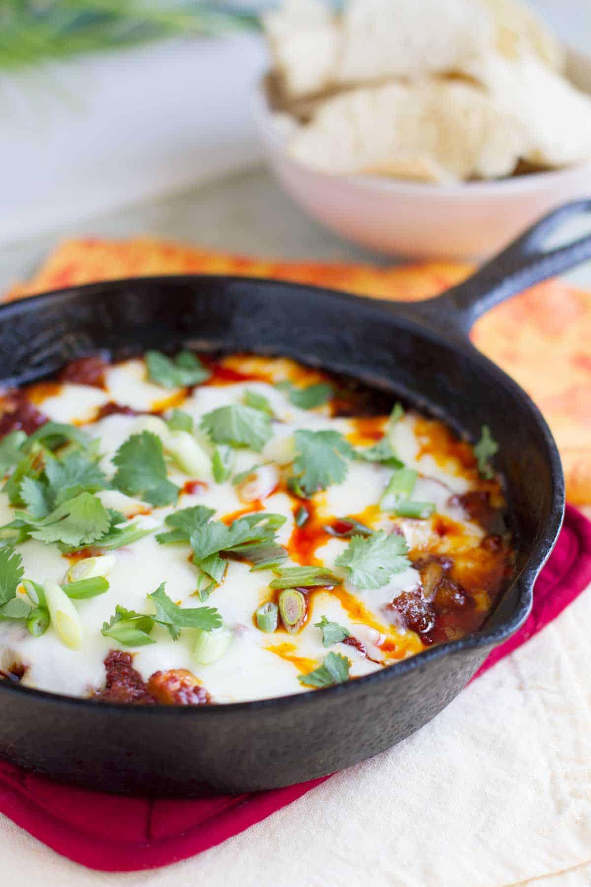 Cast iron skillet with Mushroom and Chorizo Queso Dip topped with green onions and cilantro.