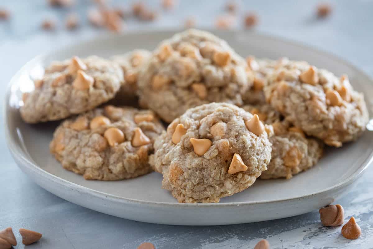 Plate filled with Oatmeal Scotchies cookies.