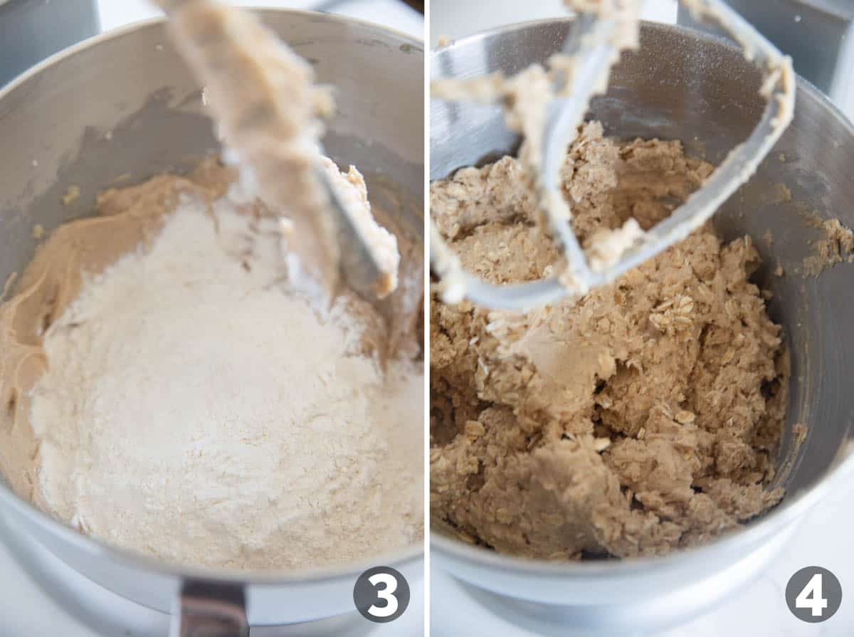 Adding flour and oats into oatmeal scotchie dough.