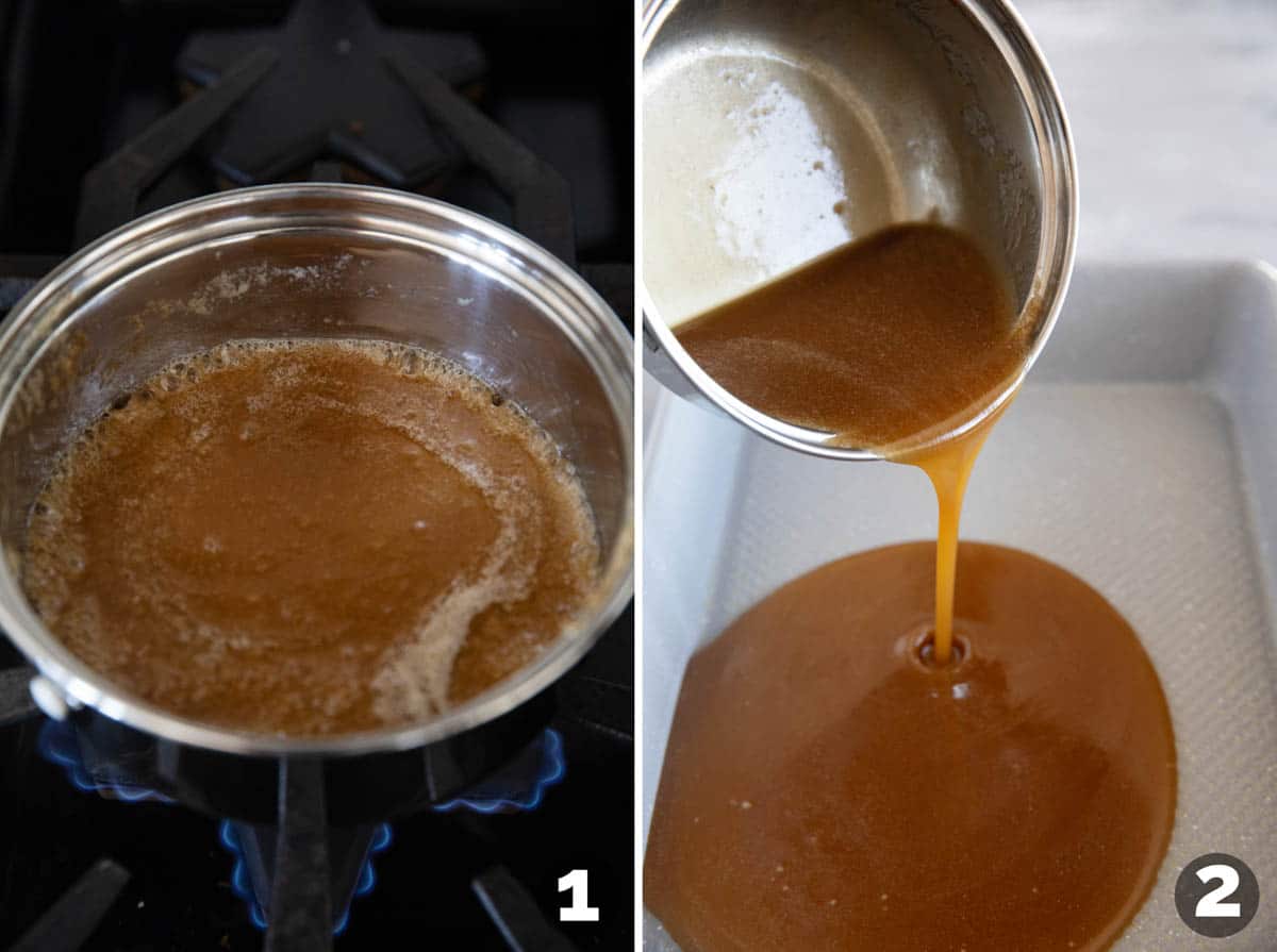 Making a simple caramel syrup for the bottom of a Pear Baked French Toast.