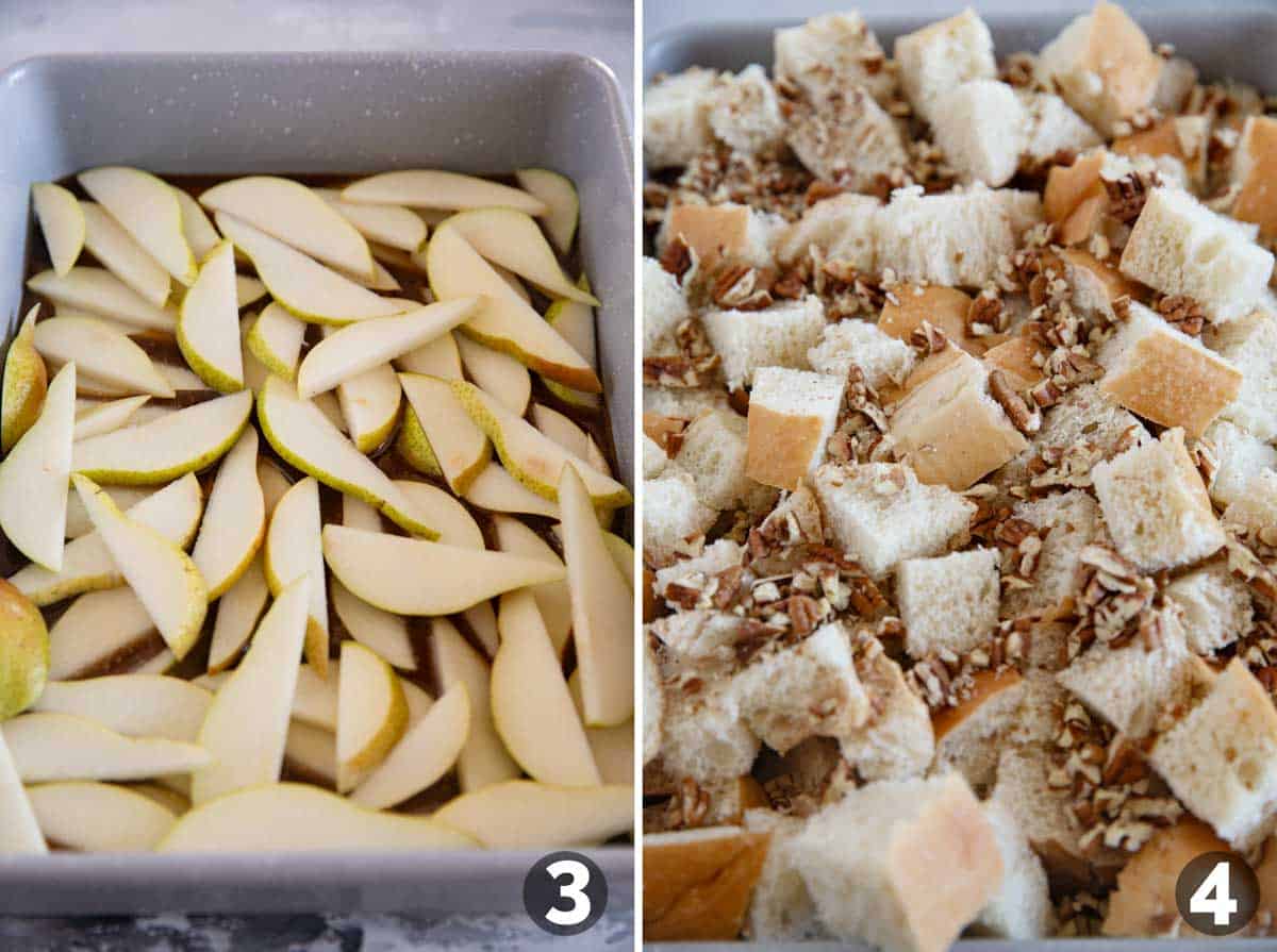 Layering slices of fresh pears and adding bread cubes and pecans on top for Pear Baked French Toast.